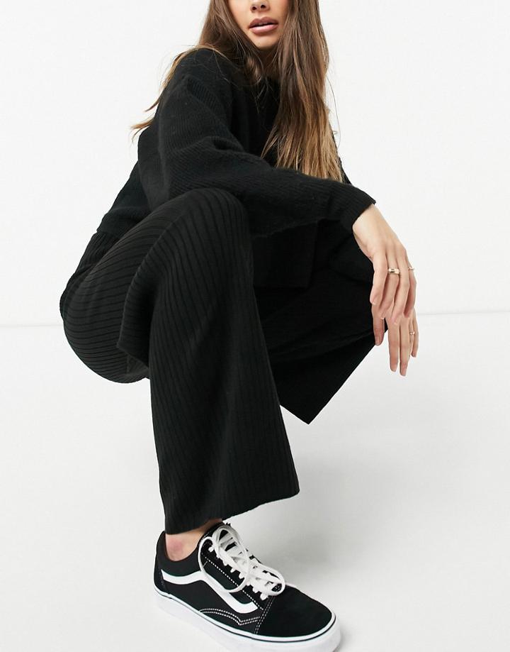 New Look Rib Wide Leg Pants In Black-brown