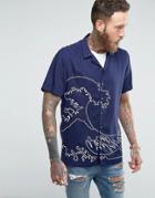 Asos Regular Fit Viscose Shirt With Wave Print - Navy
