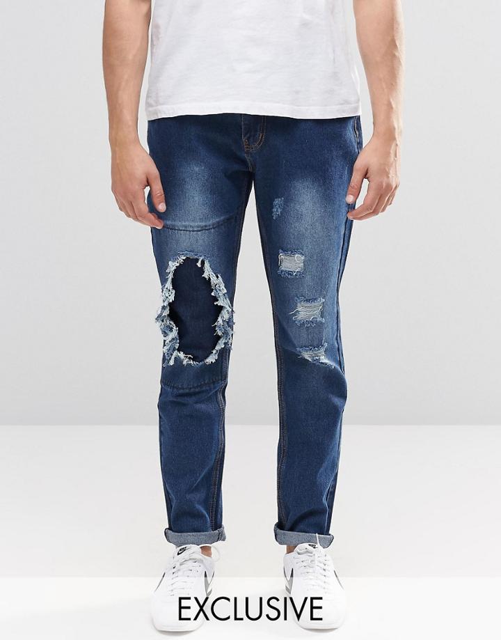 Liquor & Poker Slim Distressed Repair Jeans In Mid Indigo - Mid Indigo