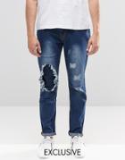 Liquor & Poker Slim Distressed Repair Jeans In Mid Indigo - Mid Indigo