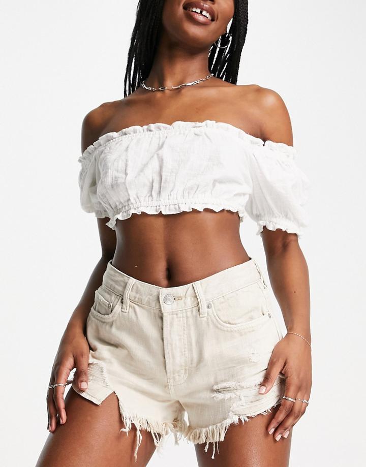 Free People Loving Good Vibrations Denim Distressed Shorts In Stone-neutral