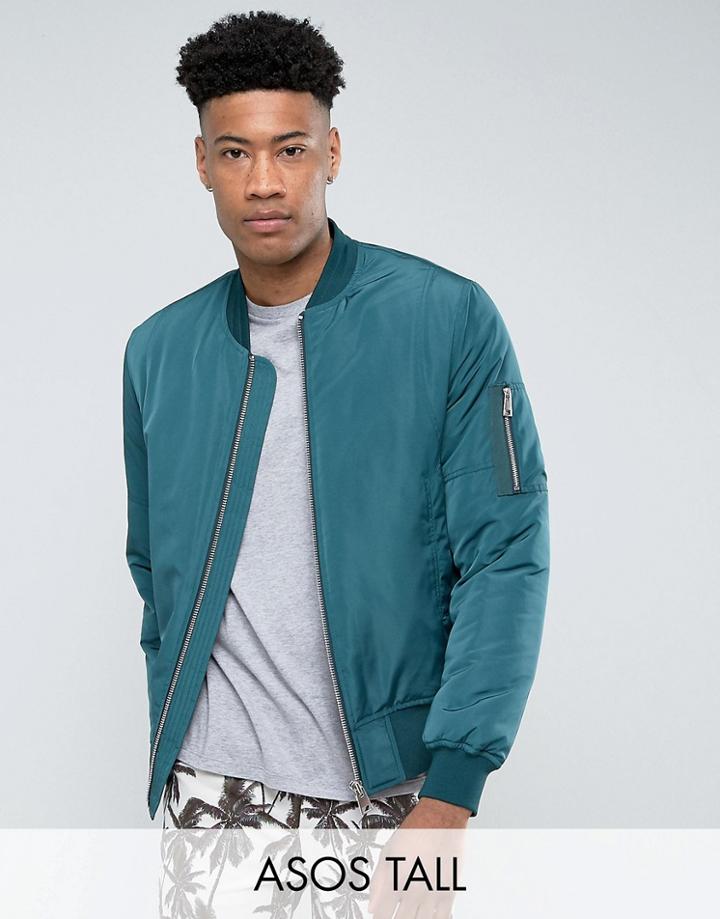 Asos Tall Bomber Jacket With Ma1 Pocket In Bottle Green - Green