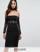 Naanaa Midi Lace Choker Dress With Cold Shoulder - Black