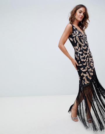 A Star Is Born Embellished Wrap Front Midi Dress With Asymmetric Hem In Black And Rose Gold - Multi