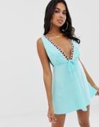 Asos Design Jersey Beach Sundress In Mint With Pom Pom Tape-green