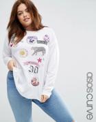 Asos Curve T-shirt With Mix And Match Badge Print And Long Sleeves - M