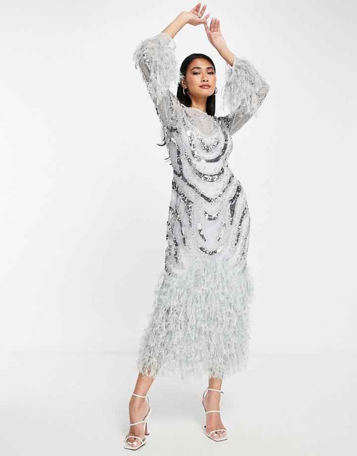 Asos Edition Sequin Wave Midi Dress With Feather Hem In Ice Blue