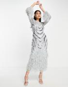 Asos Edition Sequin Wave Midi Dress With Feather Hem In Ice Blue