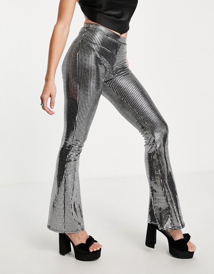 Asos Design Chainmail Sequin Slim Flare Pants In Silver-multi