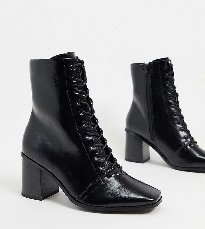 Asos Design Wide Fit Rylee Square Toe Lace Up Boots In Black