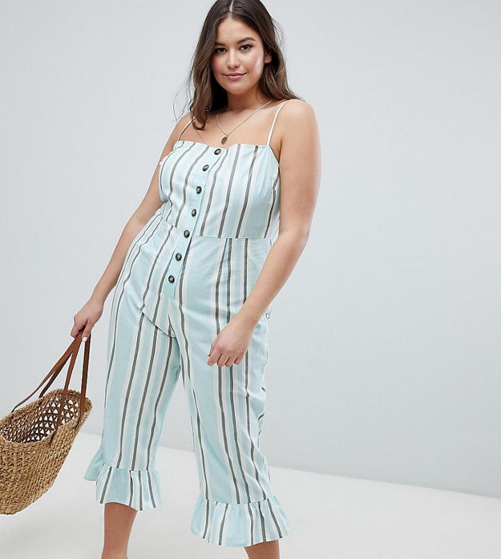 Asos Design Curve Cotton Frill Hem Jumpsuit With Square Neck And Button Detail In Variated Stripe - Multi