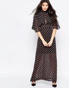 Liquorish Kimono Sleeve Maxi Dress In Ditsy Print - Black