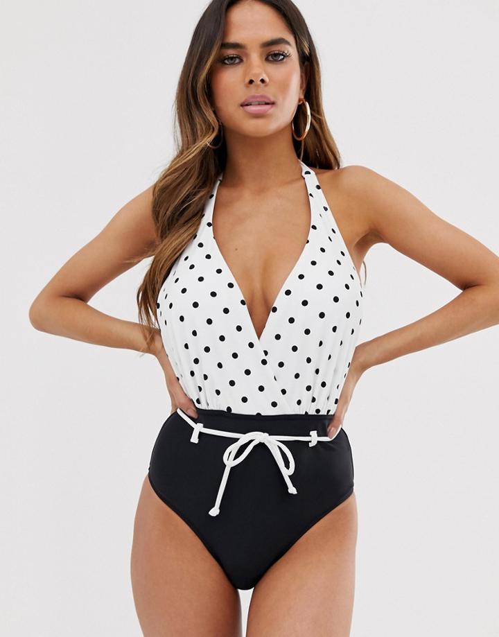 Pour Moi Fuller Bust Spot Halter Plunge Swimsuit In Black And White - Black