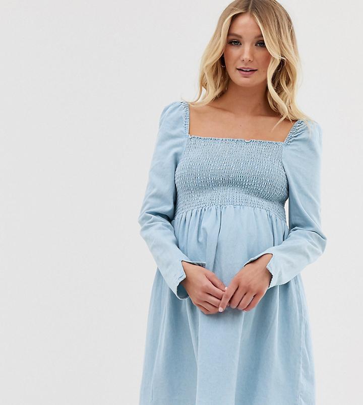 Asos Design Maternity Denim Shirred Mini Smock Dress In Lightwash Blue