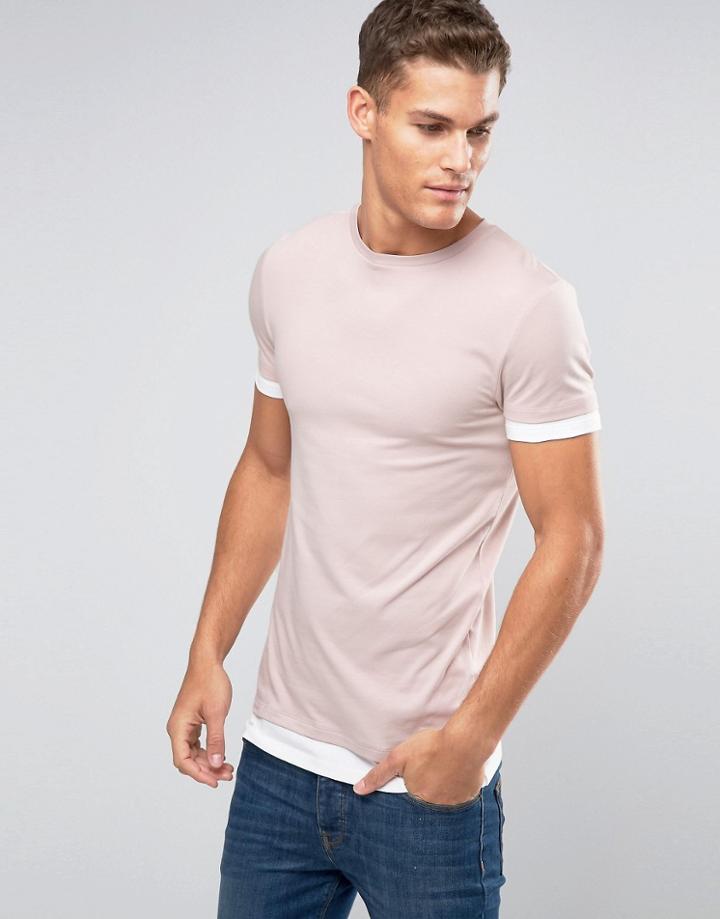 Asos Longline Muscle T-shirt With Contrast Cuff And Hem In Pink - Pink