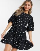 New Look Balloon Sleeve Tiered Mini Dress In Black Polka Dot