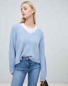 New Look V Neck Fluffy Sweater In Blue - Blue