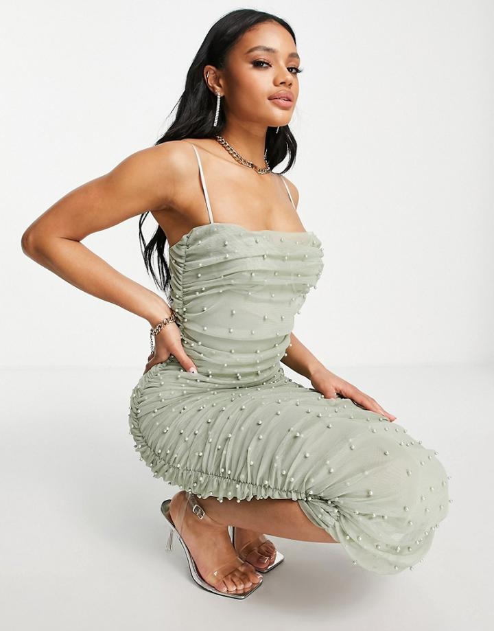 Asos Design Cami Ruched Pearl Mesh Body-conscious Midi Dress In Sage-multi