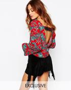Milk It Vintage Crop Top With Open Back In Festival Floral - Red