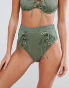 Asos Ribbed Mesh Lace Up Eyelet High Waist Bikini Bottom - Green