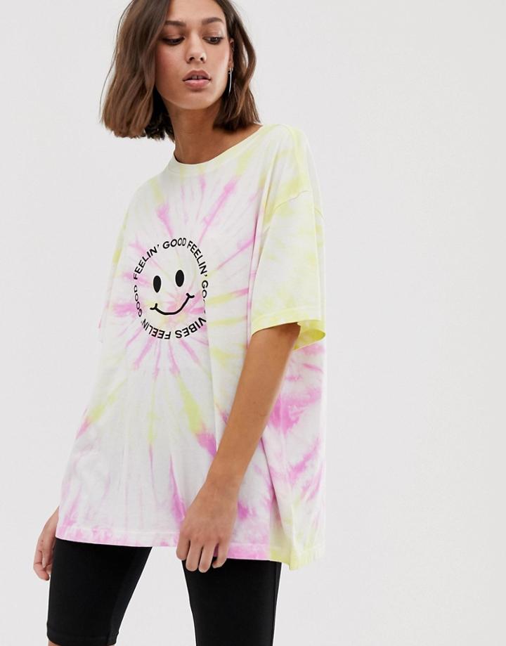 Weekday Feeling Good Slogan Oversized T-shirt In Pink And Yellow Tie Dye - Multi