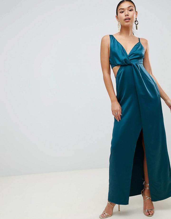 Asos Design Satin Maxi Dress With Knot Front And Side Cut Out - Green