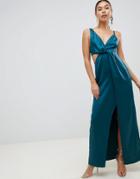Asos Design Satin Maxi Dress With Knot Front And Side Cut Out - Green