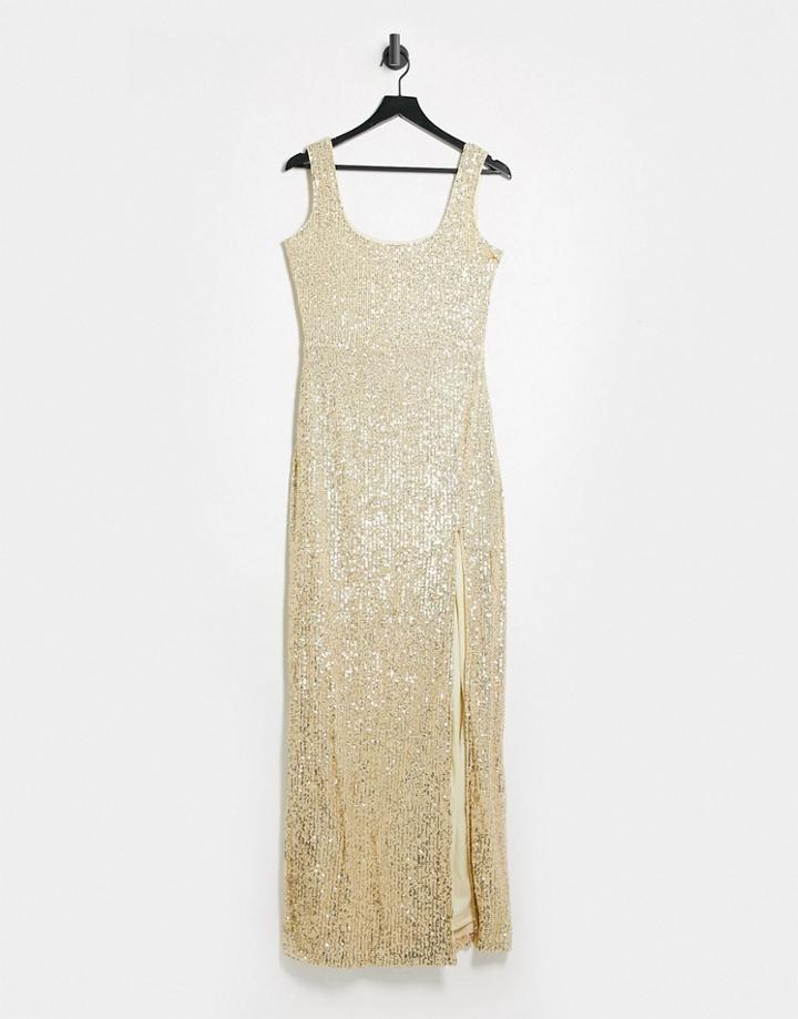 Club L London Sequin Maxi Dress With Thigh Slit In Light Gold