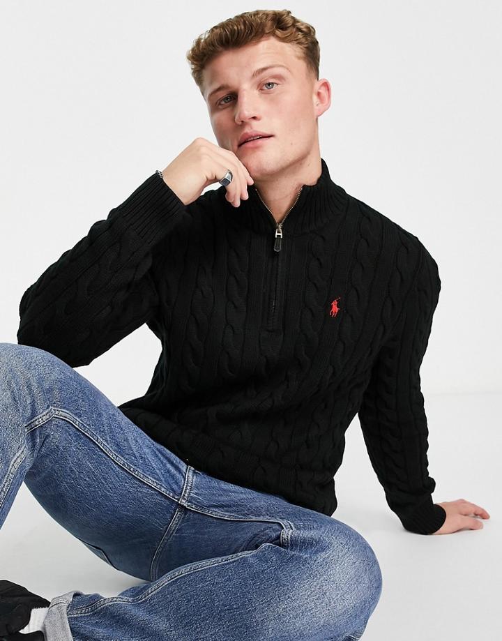 Polo Ralph Lauren Icon Logo Half Zip Cotton Cable Knit Sweater In Black