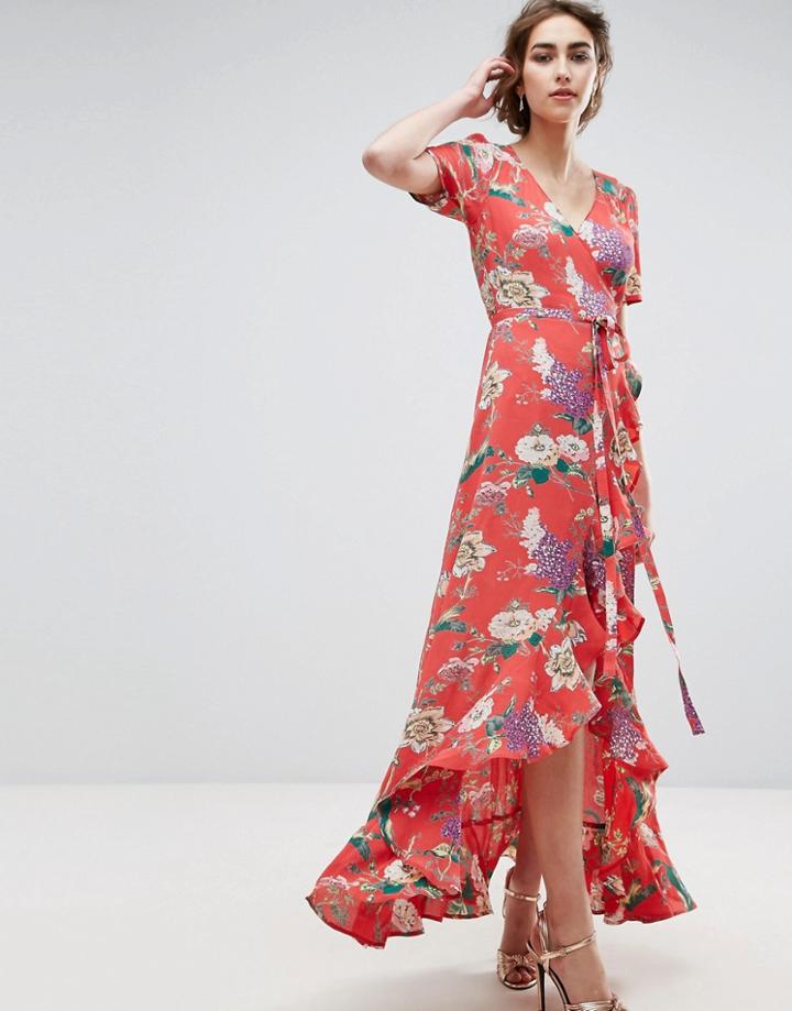 Asos Maxi Tea Dress With Ruffle Detail In Floral Print - Multi