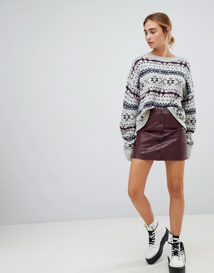 Pull & Bear Button Front Pu Skirt - Red