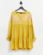 Asos Design V Neck Mini Smock Dress With Aztec Embroidery In Mustard-yellow