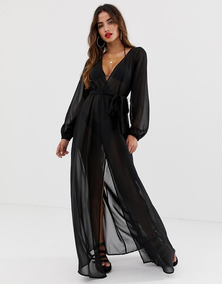 Asos Design Long Sleeve Wrap Tie Chiffon Maxi Beach Kimono In Black - Black