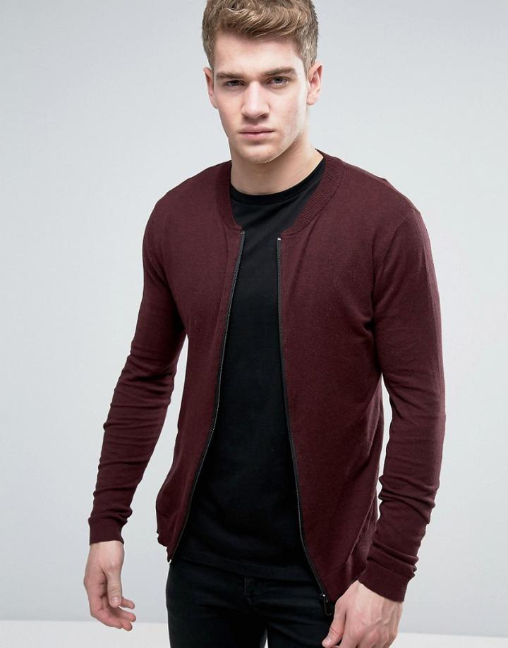 Asos Knitted Cotton Bomber Jacket In Muscle Fit - Purple