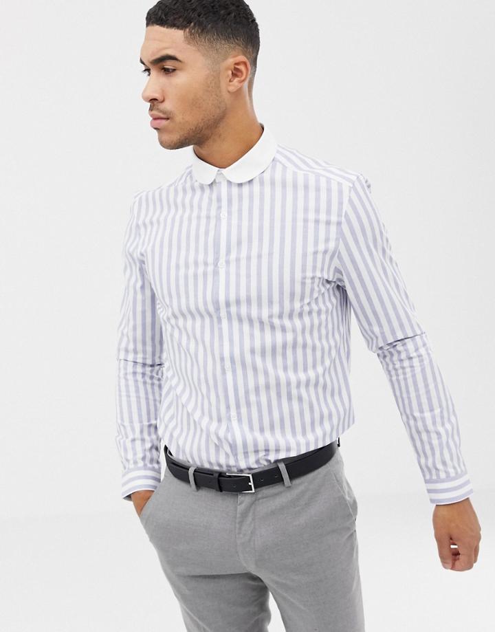 Asos Design Stretch Slim Stripe Work Shirt With Contrast Collar - Blue