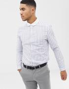 Asos Design Stretch Slim Stripe Work Shirt With Contrast Collar - Blue