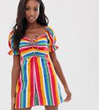 Asos Design Tall Romper With Puff Sleeve And Tie Detail In Rainbow Stripe-multi