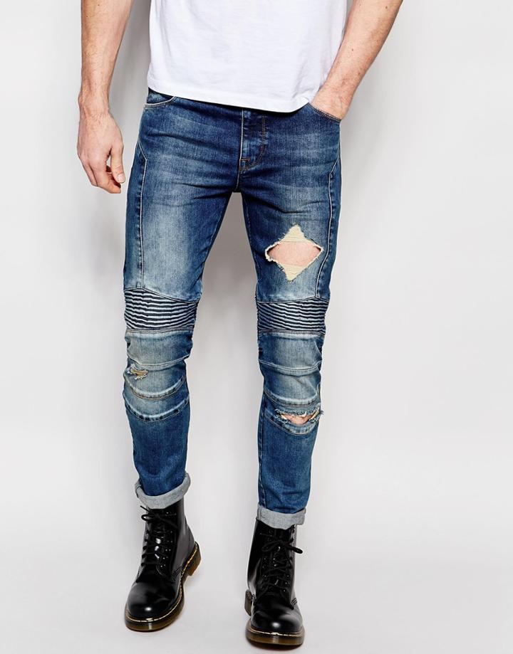 Asos Super Skinny Jeans With Panels And Rips - Mid Blue