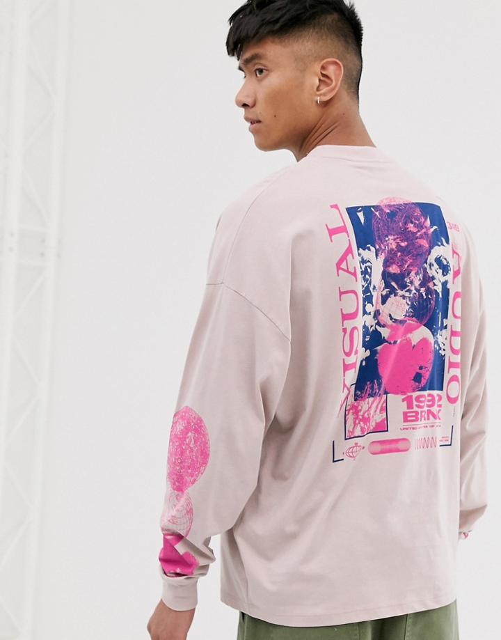 Asos Design Oversized Long Sleeve T-shirt With Chest And Large Floral Back Print - White