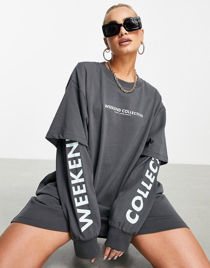 Asos Weekend Collective Double Layer T-shirt Dress With Logo In Charcoal-gray