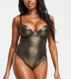 Wolf & Whistle Fuller Bust Exclusive Underwired Swimsuit In Coffee Glitter-brown