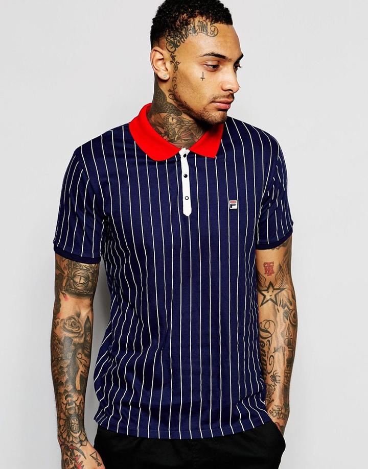 Fila Vintage Polo Shirt In Pinstripe - Peacoat