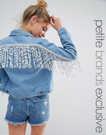 Liquor & Poker Petite Denim Jacket With Sequin Trim Back Detail - Blue