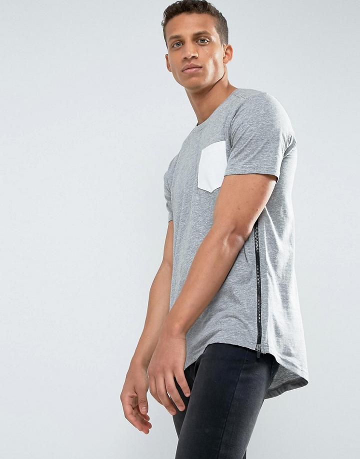 Loyalty And Faith Longline Pocket T-shirt With Zip Detail - Gray