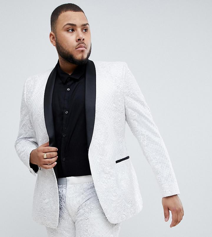 Asos Edition Plus Skinny Tuxedo Suit Jacket In Sequin And Lace Embellished White Sateen - White