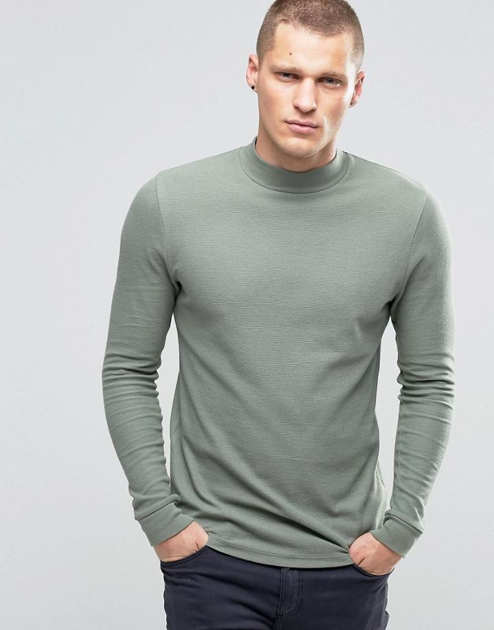 Asos Waffle Longline Muscle Long Sleeve T-shirt With Turtleneck In Green - Green