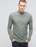 Asos Waffle Longline Muscle Long Sleeve T-shirt With Turtleneck In Green - Green
