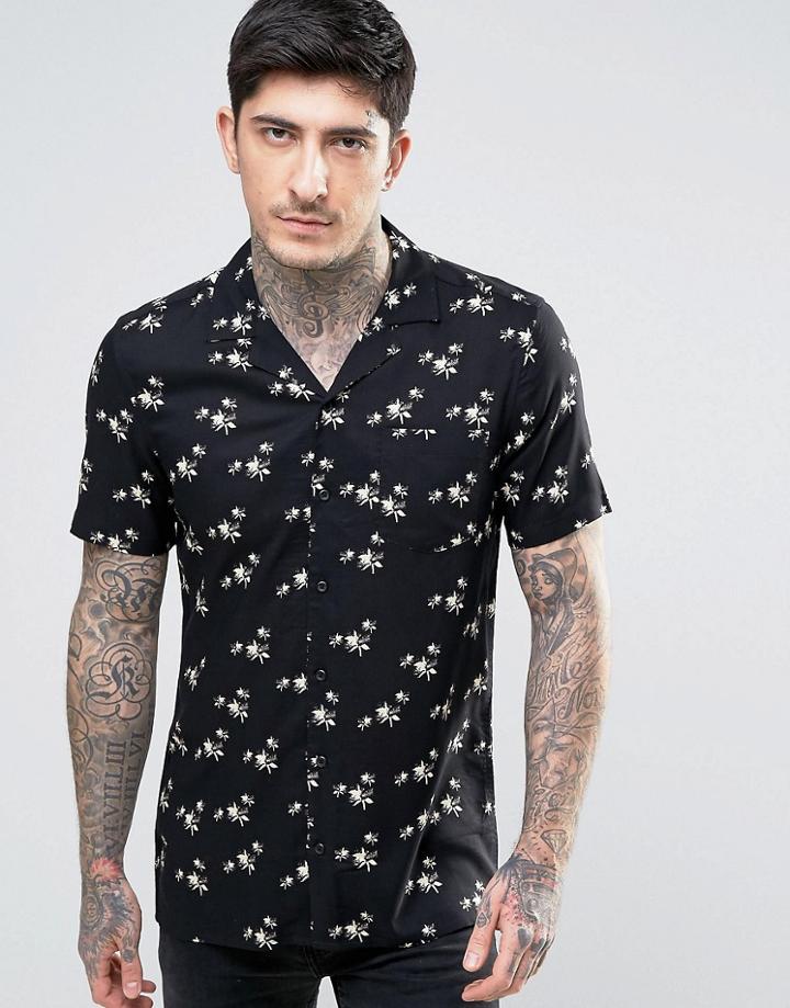 Asos Regular Fit Viscose Shirt With Floral Print In Black - Black