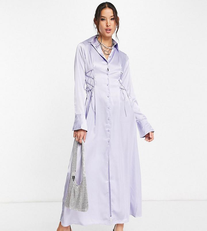 Reclaimed Vintage Inspired Maxi Shirt Dress In Satin With Tie Waist Detail-multi
