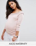 Asos Maternity Sweater With Ruffle Off Shoulder - Pink